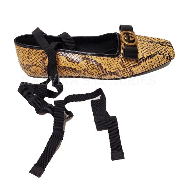 GUCCI SHOES PYTHON BALLET FLATS w LOGO BOW RIBBON ANKLE TIES $1,059 sz 39.5 9.5 - Picture 8 of 16